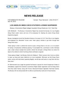 OFFICE OF PUBLIC AFFAIRS 1625 North Market Boulevard, Suite N-323, Sacramento, CA[removed]P[removed]F[removed] | www.dca.ca.gov NEWS RELEASE FOR IMMEDIATE RELEASE