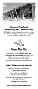 Kelowna Visual and Performing Arts Centre Society KVPACS is a non-profit organisation operated by a volunteer Board of Directors who is responsible for running the Rotary Centre for the Arts.