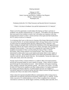 Hearing statement February 4, 2010 Dr. Richard P. Cronin Senior Associate and Director, Southeast Asia Program Henry L. Stimson Center Washington, DC