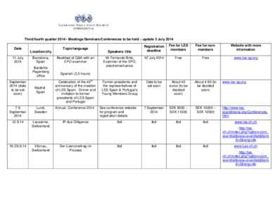 Third/fourth quarter[removed]Meetings/Seminars/Conferences to be held – update 2 July 2014 Date 11 July[removed]Location/city