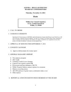 AGENDA – REGULAR MEETING BOARD OF COMMISSIONERS Thursday, November 13, a.m.  Willits City Council Chambers