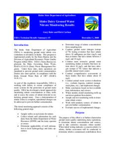 Idaho State Department of Agriculture  Idaho Dairy Ground Water Nitrate Monitoring Results Gary Bahr and Rick Carlson ISDA Technical Results Summary #5