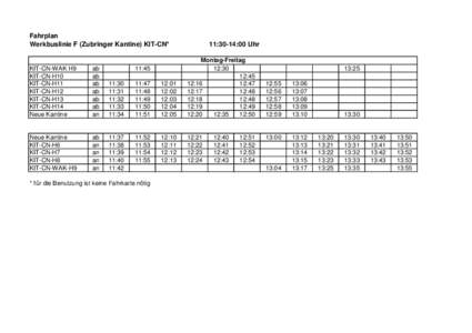 Fahrplan Werkbuslinie F (Zubringer Kantine) KIT-CN* 11:30-14:00 Uhr  KIT-CN-WAK H9