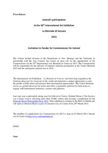 Press Release  Ireland’s participation at the 56th International Art Exhibition La Biennale di Venezia 2015