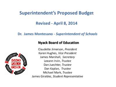 Superintendent’s Proposed Budget Revised - April 8, 2014 Dr. James Montesano - Superintendent of Schools Nyack Board of Education Claudette Jimerson, President Karen Hughes, Vice President