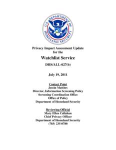 Department of Homeland Security Privacy Impact Assessement Update WLS