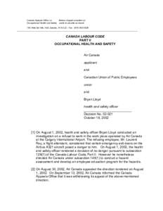 Canada Appeals Office on Bureau d’appel canadien en Occupational Health and Safety santé et sécurité au travail 165 Hôtel de Ville, Hull, Quebec, K1A 0J2 – Fax : ([removed]___________________________________