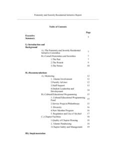 Fraternity and Sorority Residential Initiative Report   Table of Contents  Page  Executive  Summary 