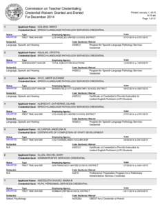 Commission on Teacher Credentialing Credential Waivers Granted and Denied For December 2014 Printed January 1, 2015 6:15 am