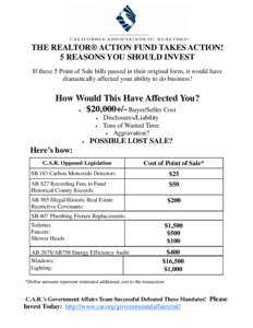 THE REALTOR® ACTION FUND TAKES ACTION! 5 REASONS YOU SHOULD INVEST If these 5 Point of Sale bills passed in their original form, it would have dramatically affected your ability to do business!  How Would This Have Affe