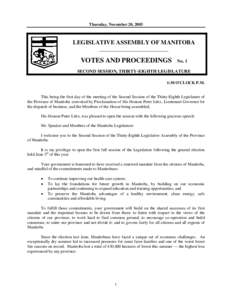 Thursday, November 20, 2003  LEGISLATIVE ASSEMBLY OF MANITOBA __________________________  VOTES AND PROCEEDINGS