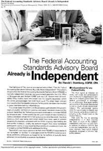 The Federal Accounting Standards Advisory Board Already is Independent Harold I Steinberg The Journal of Government Financial Management; Winter 2009; 58, 4; ABI/INFORM Global pg. 28  Reproduced with permission of the co