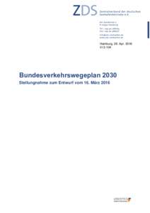 Hamburg, 29. AprIIIBundesverkehrswegeplan 2030 Stellungnahme zum Entwurf vom 16. März 2016