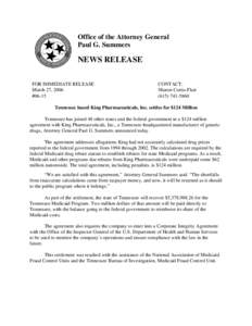Office of the Attorney General Paul G. Summers NEWS RELEASE FOR IMMEDIATE RELEASE March 27, 2006