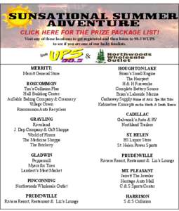 SUNSATIONAL SUMMER ADVENTURE CLICK HERE FOR THE PRIZE PACKAGE LIST! Visit any of these locations to get registered and then listen to 98.5 WUPS to see if you are one of our lucky finalists.