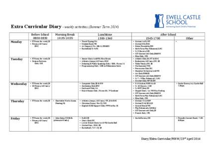 Extra Curricular Diary - weekly activities (Summer Term 2014) 	
   	
   Before	
  School	
   0800-­‐0830	
  