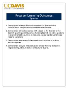 Program Learning Outcomes Spanish 1. Demonstrate effective communicative skills in Spanish in the Interpersonal, Interpretative and Presentational modes. 2. Demonstrate cultural awareness with respect to the diversity of