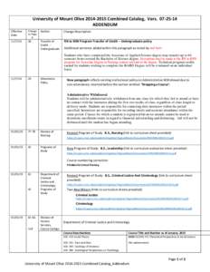 University of Mount Olive[removed]Combined Catalog, Vers[removed]ADDENDUM Effective Date  Change