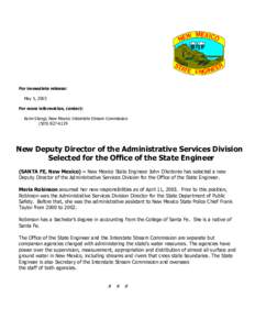 For immediate release: May 5, 2003 For more information, contact: Karin Stangl, New Mexico Interstate Stream Commission[removed]