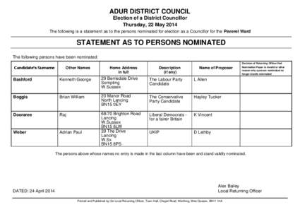 ADUR DISTRICT COUNCIL Election of a District Councillor Thursday, 22 May 2014 The following is a statement as to the persons nominated for election as a Councillor for the Peverel Ward  STATEMENT AS TO PERSONS NOMINATED