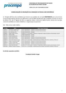 COMPANHIA DE PROCESSAMENTO DE DADOS DO MUNICÍPIO DE PORTO ALEGRE EDITAL N° 01, DE 27 DE AGOSTO DE 2014 HOMOLOGAÇÃO DE INSCRIÇÃO NA CONDIÇÃO DE PESSOA COM DEFICIÊNCIA