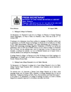 PRESS SECRETARIAT  MINISTRY OF THE PRIME MINISTER & CABINET Apia, Samoa Telephone : ([removed]ext 746, 747, 748, ([removed], ([removed]