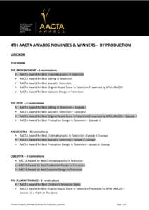 4TH AACTA AWARDS NOMINEES & WINNERS – BY PRODUCTION LUNCHEON TELEVISION THE BROKEN SHORE – 5 nominations • AACTA Award for Best Cinematography in Television • AACTA Award for Best Editing in Television