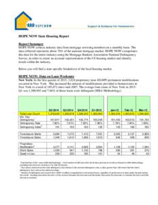 HOPE NOW State Housing Report Report Summary HOPE NOW collects industry data from mortgage servicing members on a monthly basis. The data collected represents about 70% of the national mortgage market. HOPE NOW extrapola