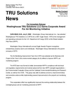 Westinghouse TRU Solutions LLC Earns Corporate Award For Air Monitoring Initiative