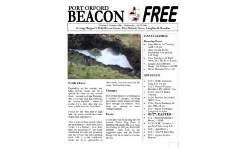 Volume 4 Number 0206~ Wednesday ~ Serving Oregon’s Wild Rivers Coast: Port Orford, Sixes, Langlois & Bandon EVENT CALENDAR Recurring Events 