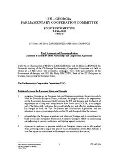 EU – GEORGIA PARLIAMENTARY COOPERATION COMMITTEE FOURTEENTH MEETING 2-3 May 2012 TBILISI