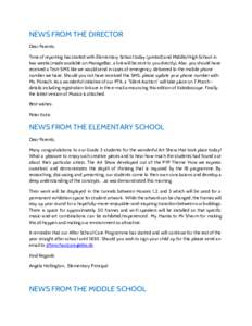 NEWS FROM THE DIRECTOR Dear Parents, Time of reporting has started with Elementary School today (printed) and Middle/High School in two weeks (made available on ManageBac, a link will be sent to you directly). Also, you 