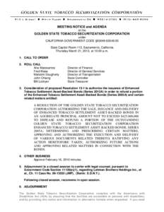 MEETING NOTICE and AGENDA of the GOLDEN STATE TOBACCO SECURITIZATION CORPORATION under CALIFORNIA GOVERNMENT CODE §