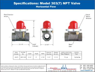 Specifications: Model[removed]NPT Valve Horizontal Flow Flow Direction Arrow