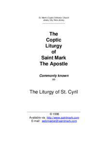 St. Mark’s Coptic Orthodox Church Jersey City, New Jersey _____________________ The Coptic
