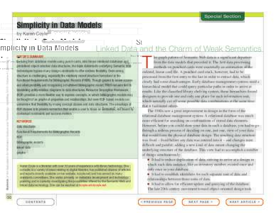 Special Section  Simplicity in Data Models by Karen Coyle  Bulletin of the Association for Information Science and Technology – April/May 2015 – Volume 41, Number 4