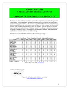 KIDS COUNT 2008 A SUMMARY OF THE SECA STATES USING DATA FOR EFFECTIVE ADVOCACY Each year, the Annie E. Casey Foundation sponsors the compilation of data from throughout the United States. This is longitudinal data that r