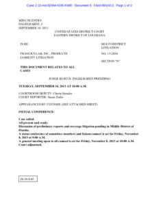 Case 2:13-md[removed]KDE-KWR Document 5 Filed[removed]Page 1 of 2  MINUTE ENTRY ENGELHARDT, J. SEPTEMBER 10, 2013 UNITED STATES DISTRICT COURT