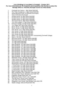 List of Buildings of Local Merit in Cranleigh – October 2013 For more information see the frequently asked questions after the list or contact the Heritage Officer at Waverley Borough Council on[removed]2. 3.