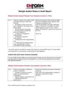 Sample Auditor Notes in Audit Report Multiple Criteria System/Program Type Question (scored at <100%) A.1.a Does the company have a written health and safety policy that contains the
