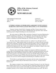 Office of the Attorney General Paul G. Summers NEWS RELEASE FOR IMMEDIATE RELEASE Sept. 18, 2006