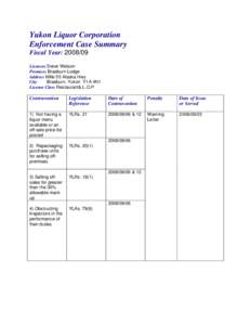 Yukon Liquor Corporation Enforcement Case Summary Fiscal Year: [removed]Licensee Steve Watson Premises Braeburn Lodge Address Mille 55 Alaska Hwy