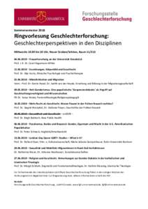 SommersemesterRingvorlesung Geschlechterforschung: Geschlechterperspektiven in den Disziplinen Mittwochs 16:30 bis 18 Uhr, Neuer Graben/Schloss, Raum2018 – Frauenforschung an der Universität Osnab