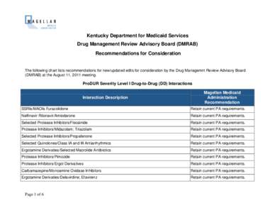 Kentucky Department for Medicaid Services Drug Management Review Advisory Board (DMRAB) Recommendations for Consideration The following chart lists recommendations for new/updated edits for consideration by the Drug Mana