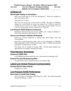 Monthly Progress Report – December 2004 and January 2005 ,REVISED Gas Over Bitumen Technical Solution REVISED Industry & Government Collaboration