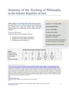 Summary of the Teaching of Philosophy in the Islamic Republic of Iran Philosophy in the National goals of Education Education in Iran aims to “achieve social and national integration and cultivate social, moral and spi