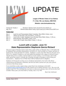 UPDATE League of Women Voters of Los Alamos P. O. Box 158, Los Alamos, NM[removed]Website: www.lwvlosalamos.org Volume 66, Number 1 May 2013