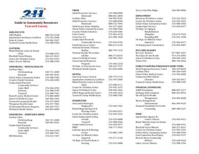 Guide to Community Resources Tazewell County AIDS/HIV/STD AIDS Hotline Appalachian Assistance Coalition Drop-In Center