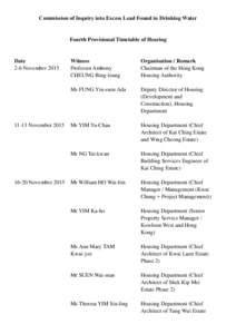 Commission of Inquiry into Excess Lead Found in Drinking Water  Fourth Provisional Timetable of Hearing Date 2-6 November 2015