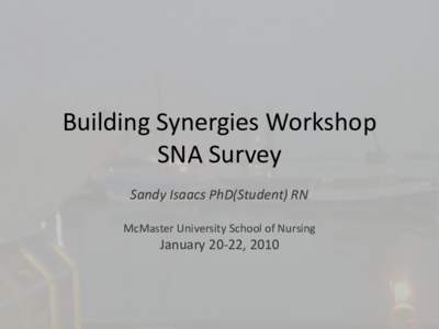 Building Synergies Workshop SNA Survey Sandy Isaacs PhD(Student) RN McMaster University School of Nursing  January 20-22, 2010